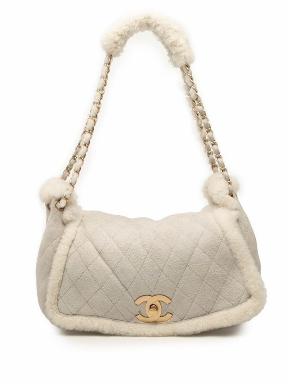 Chanel Matelasse Coco Mark Mouton Fur Shearling Quilted Beige Shoulder Bag